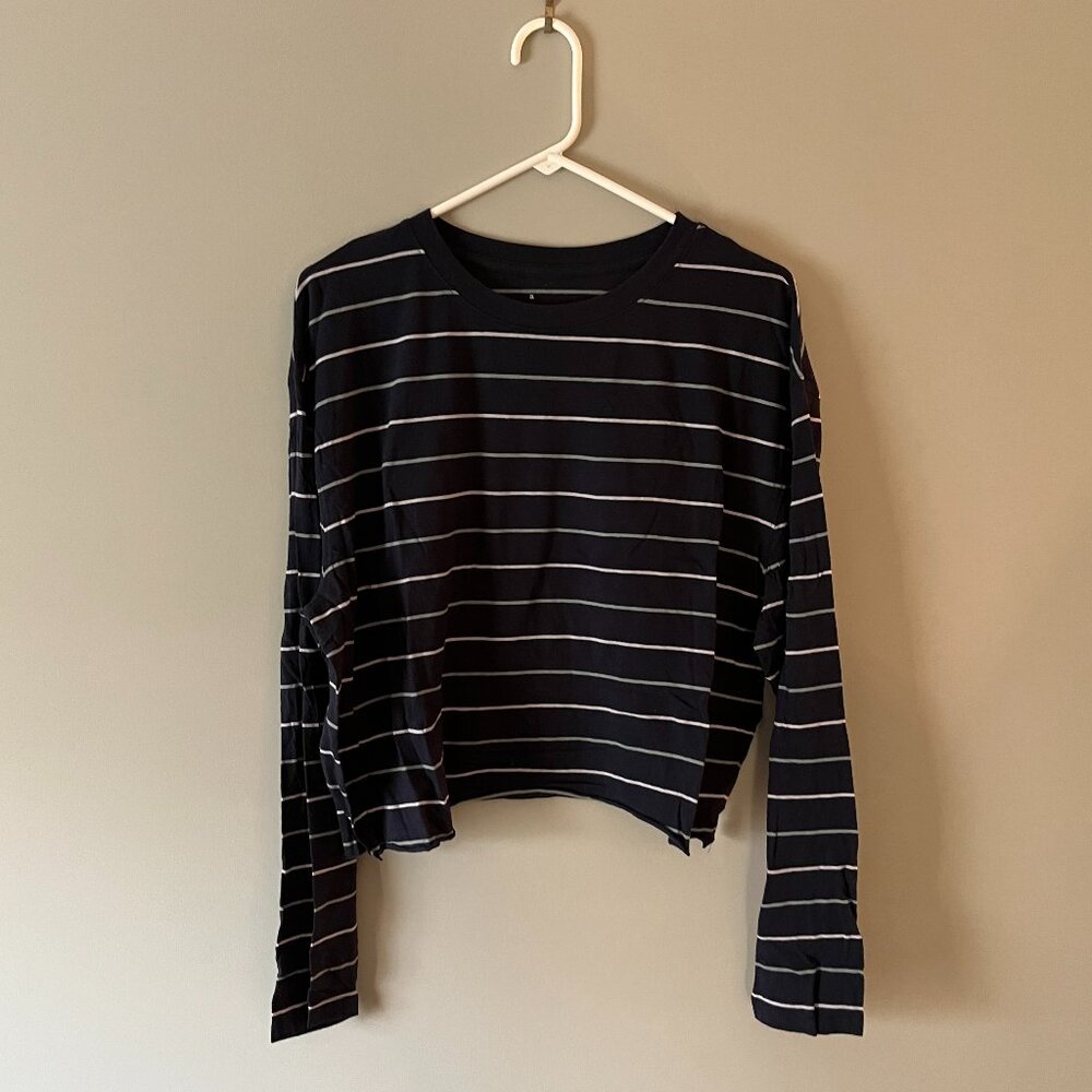 A New Day Navy Blue Striped Cropped Long Sleeve T-Shirt (Size XL)